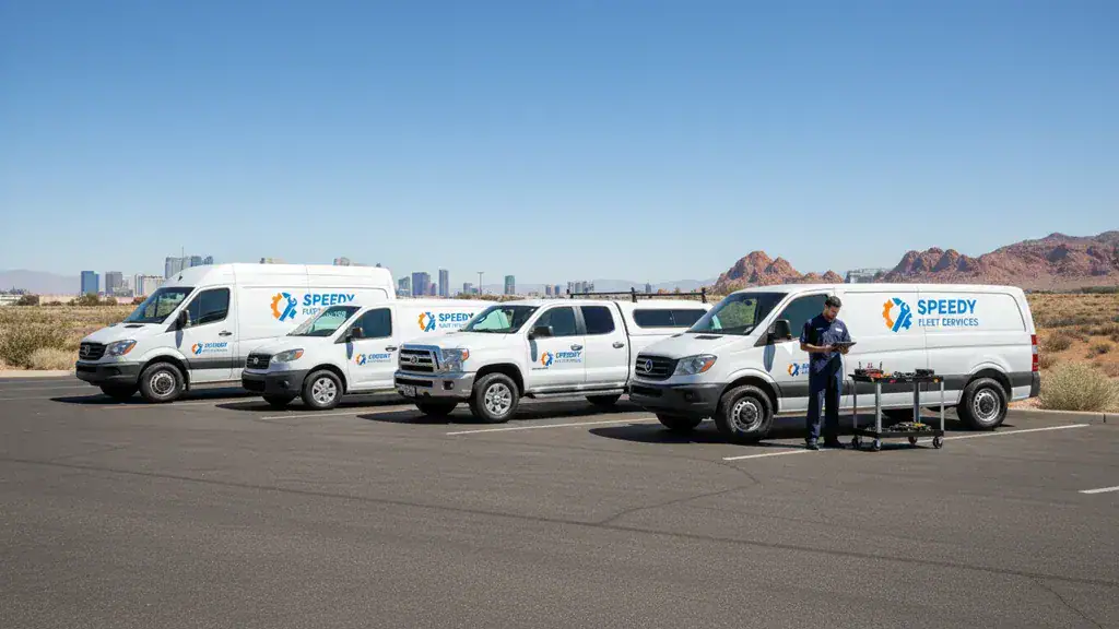 Mobile mechanic servicing a fleet of commercial vehicles at a Las Vegas business location