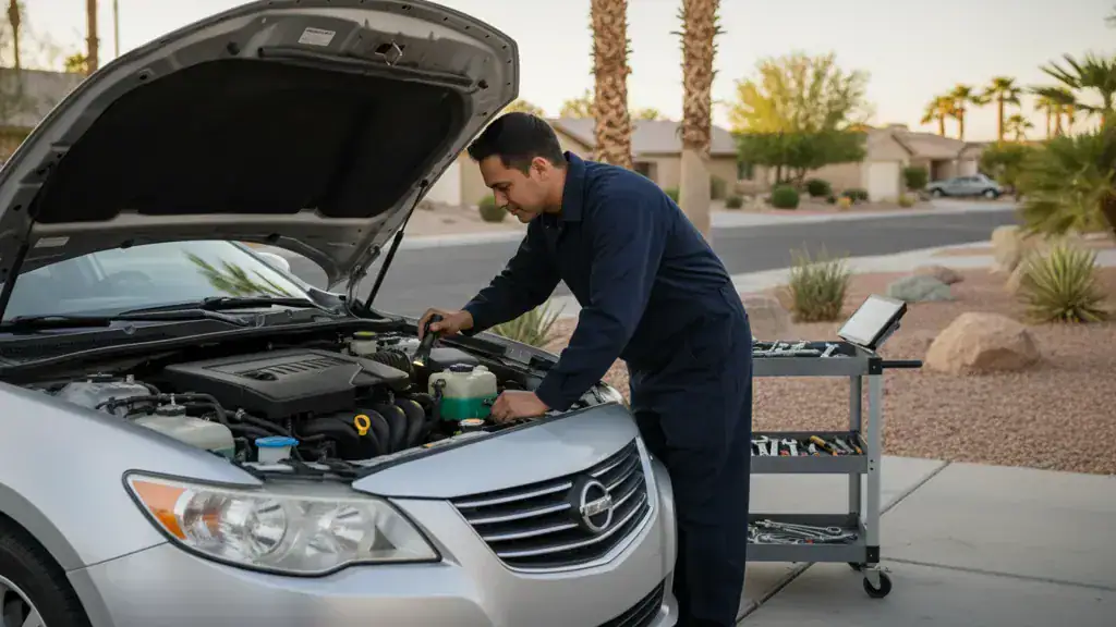 Mobile technician providing fluid top-off service at home for a Las Vegas driver