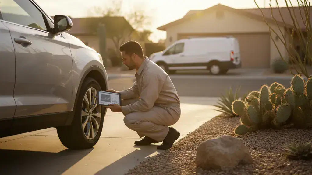 Mobile technician completing a quarterly vehicle inspection on a family SUV in Las Vegas