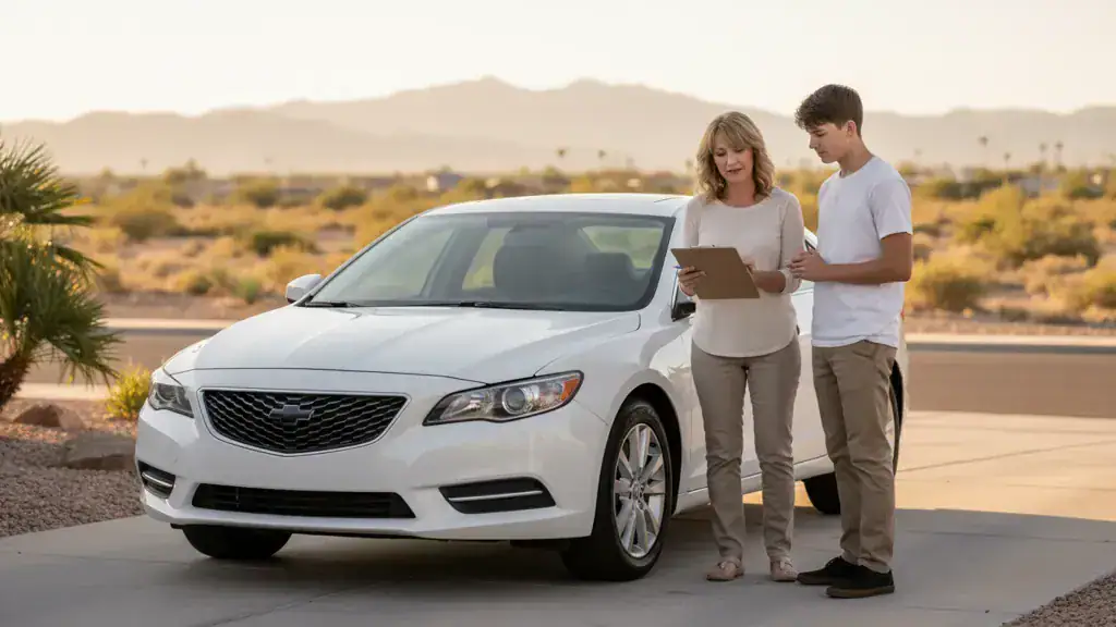 Parent using a teen driver car safety checklist beside a vehicle in Las Vegas