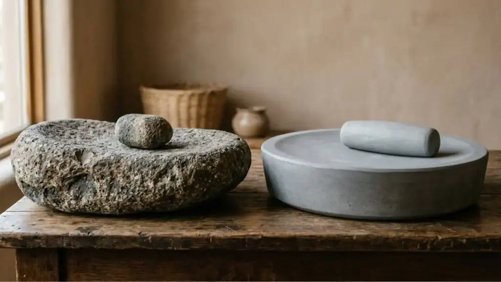 Comparación entre un batán de piedra natural y una imitación de cemento sobre una mesa de cocina