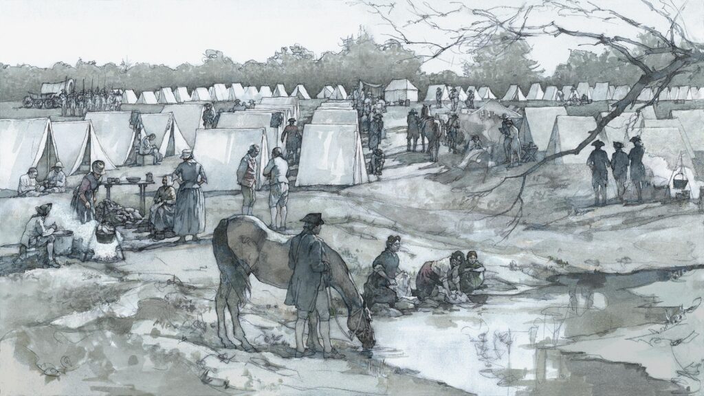 Watercolor of Continental Army Camp Life, illustration by Wood Ronsaville Harlin, Inc