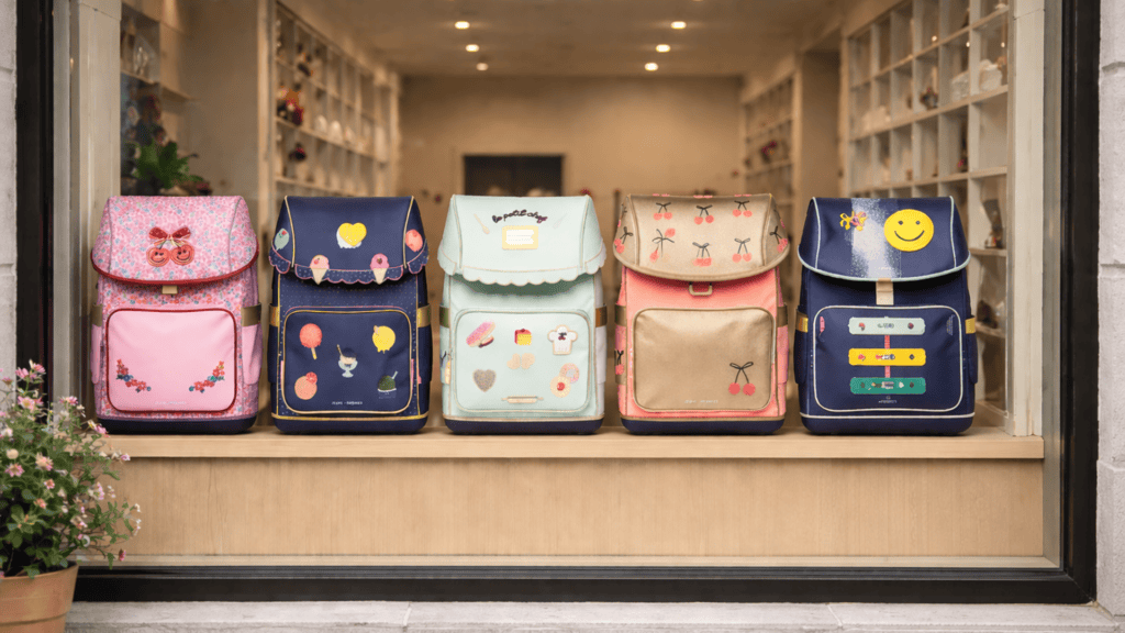 Bunte Kinderrucksäcke und Schulranzen im Schaufenster des Panda Kinderladen
