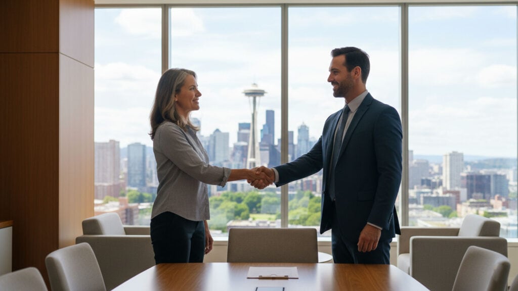 A business owner shaking hands with a lawyer inside a modern Seattle office, symbolizing proactive legal guidance that helps prevent disputes, fines, and costly mistakes before they escalate.