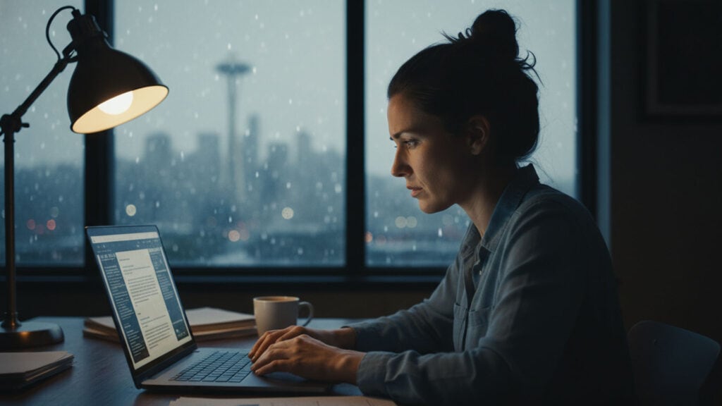 A tired Seattle small business owner staring at a laptop filled with legal documents