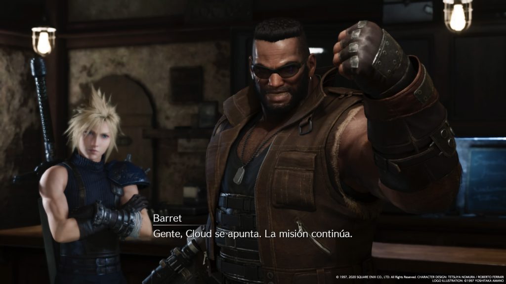 Barret celebrando, con el puño alzado, que Cloud se apunta a la misión