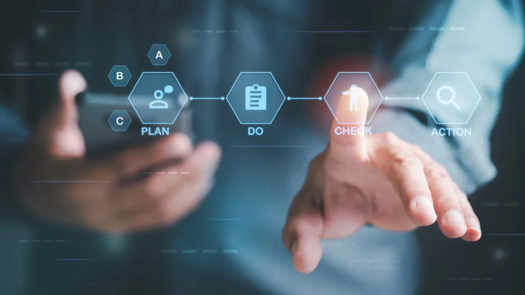 A man in a suit presses a button on a sleek digital interface, showcasing modern technology in action
