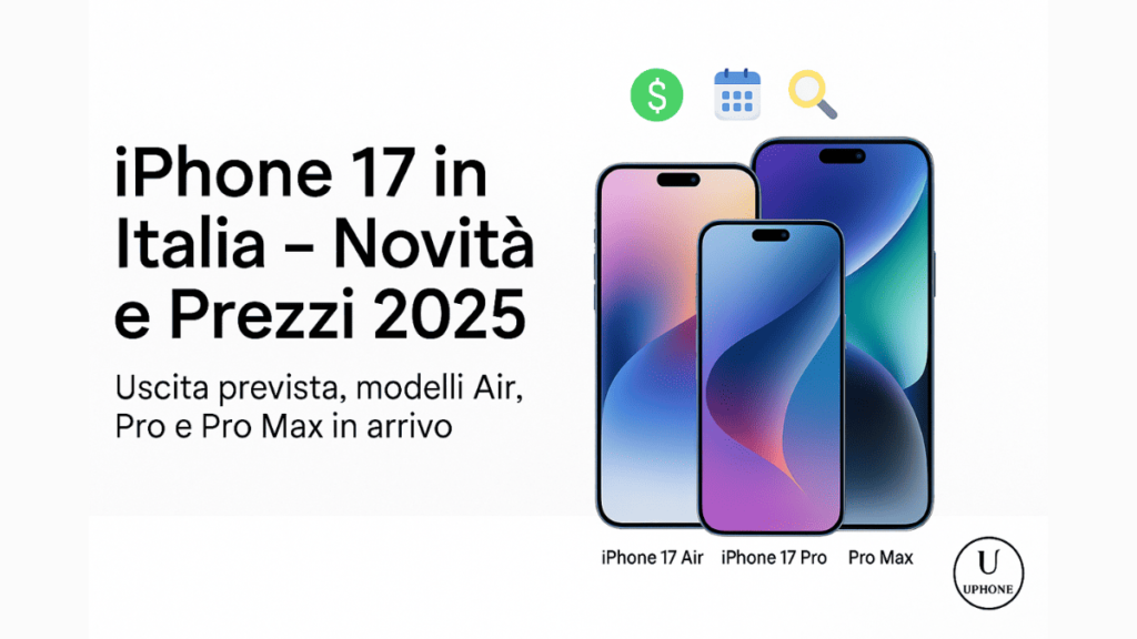 Immagine promozionale con tre modelli di iPhone 17 (Air, Pro e Pro Max) e testo “iPhone 17 in Italia – Novità e Prezzi 2025” accanto al logo UPhone.