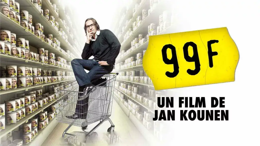 Visuel de '99 francs', satire acide du consumérisme.