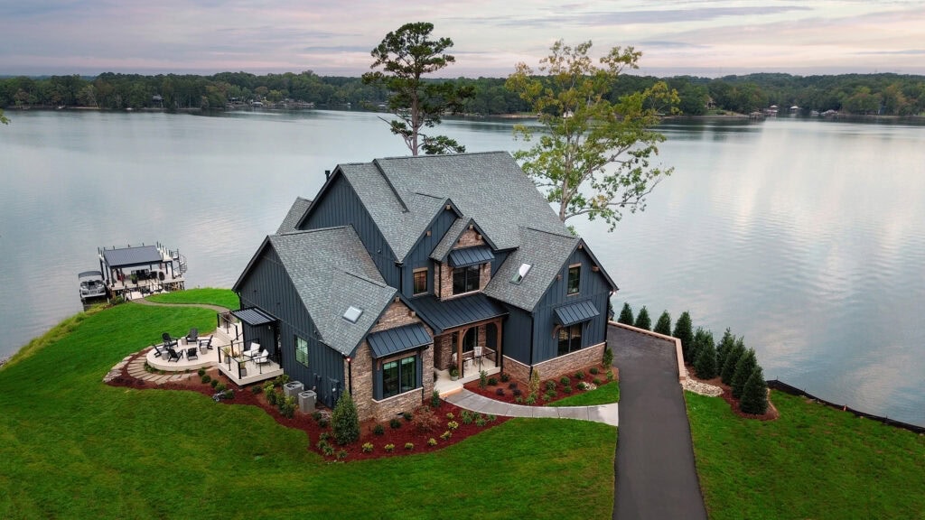 Exterior view of HGTV Dream Home 2026, a fully furnished waterfront house on Lake Wylie near Charlotte, North Carolina.