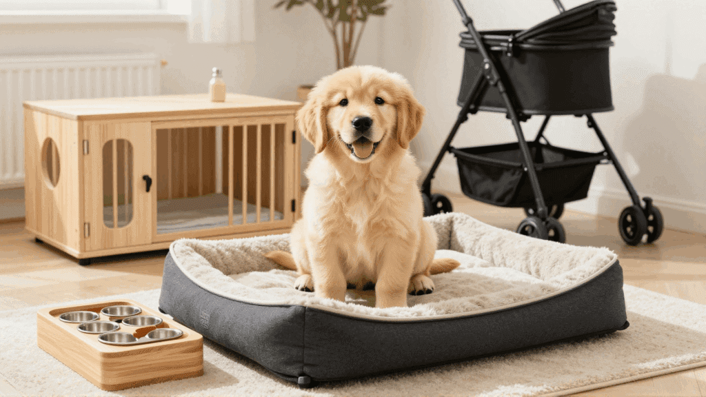 A cute golden retriever puppy surrounded by high-quality items from a new puppy checklist.