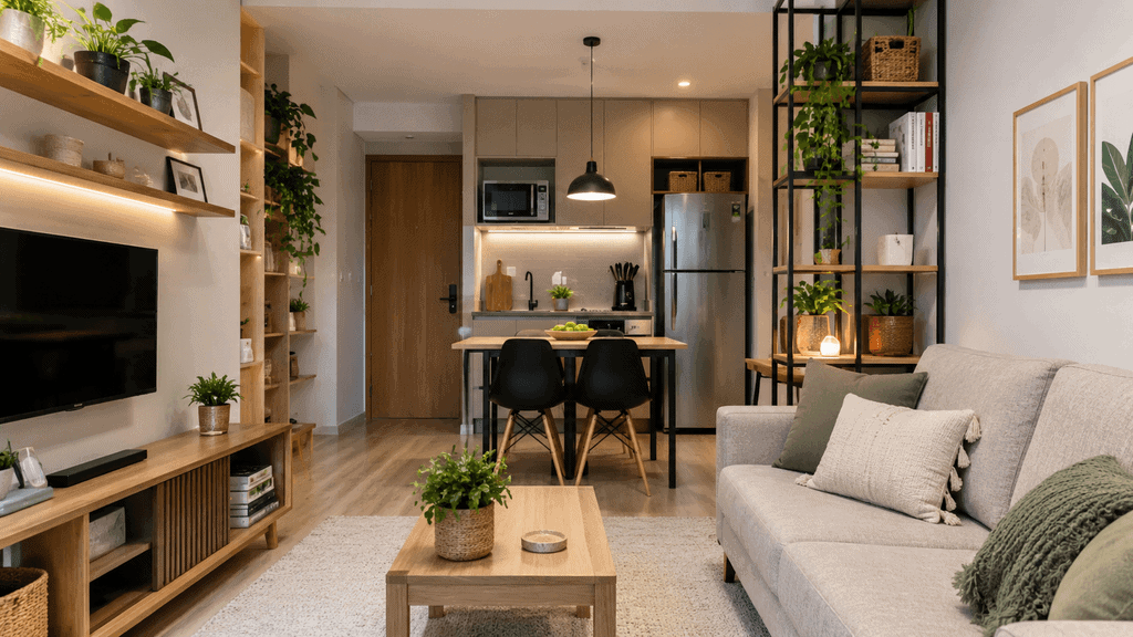 Ambiente compacto organizado com móveis funcionais e soluções de armazenamento vertical.
