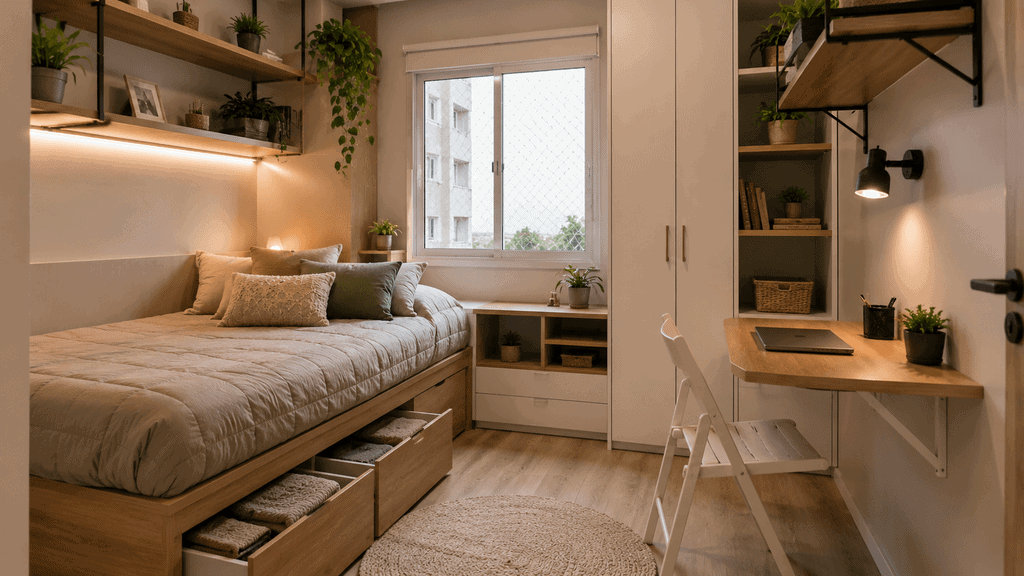 Quarto pequeno com cama-baú, prateleiras verticais e mesa dobrável.