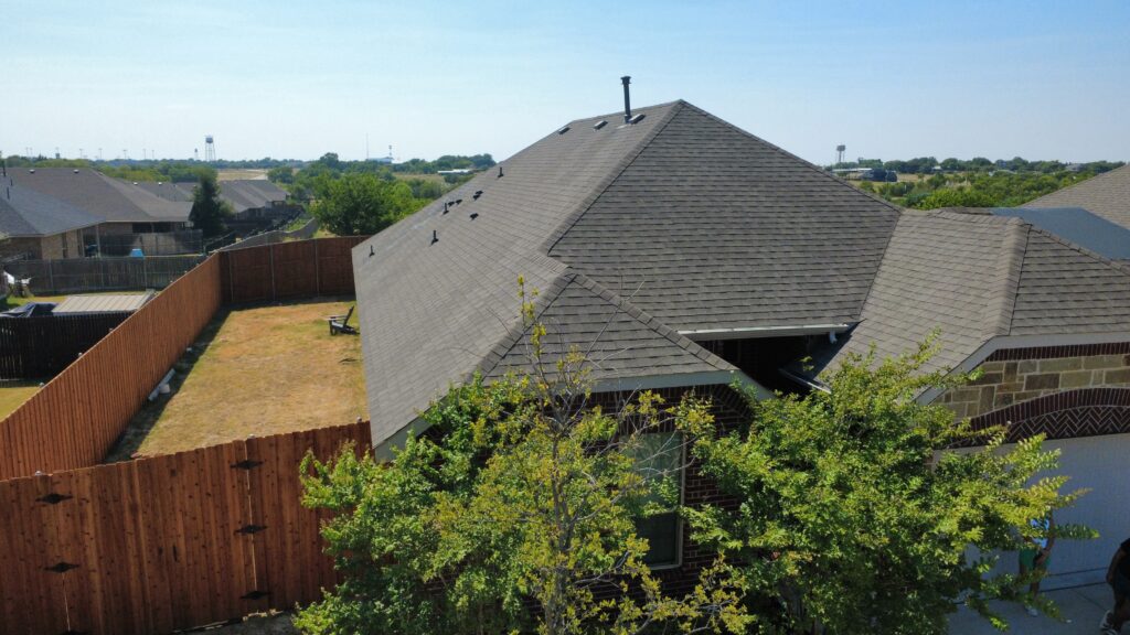 Aerial drone view of the roof at the Krum, TX inspection