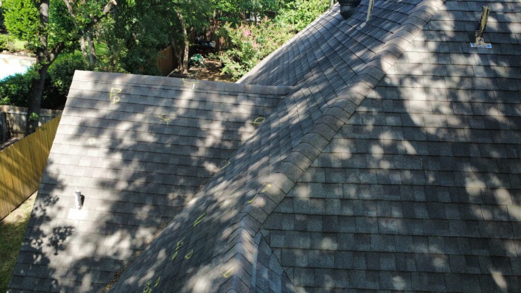 Drone photo showing additional marked hail-strike test squares on the roof, Southlake, TX