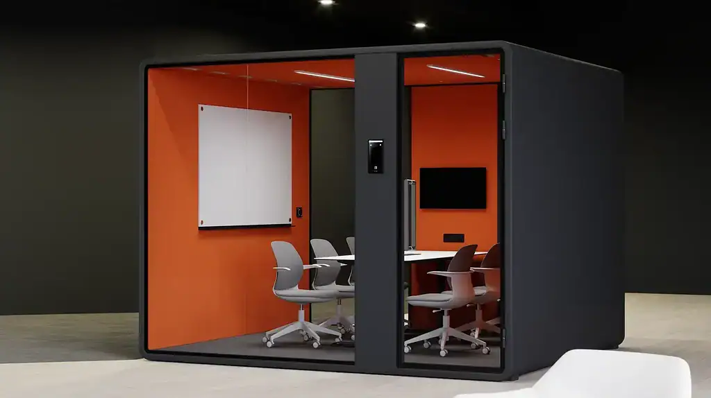 Claritycastle Six-Person Meeting Room Pod With A Conference Table, Chairs And Glass Walls
