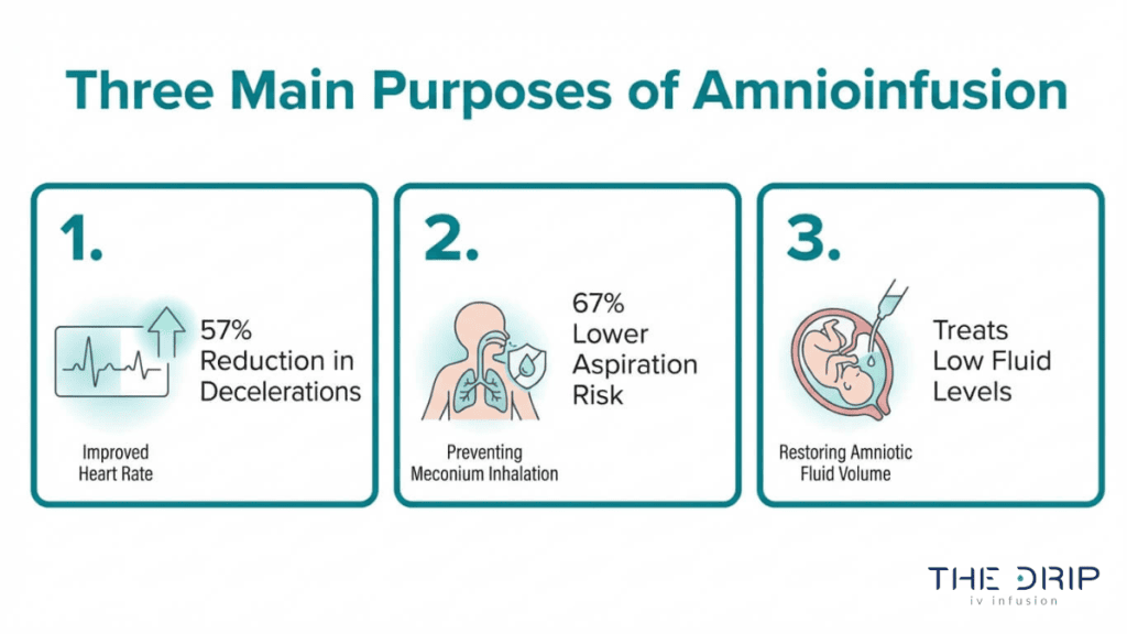 Medical diagram highlighting key purposes of amnioinfusion such as reducing fetal distress, preventing aspiration, and restoring amniotic fluid levels