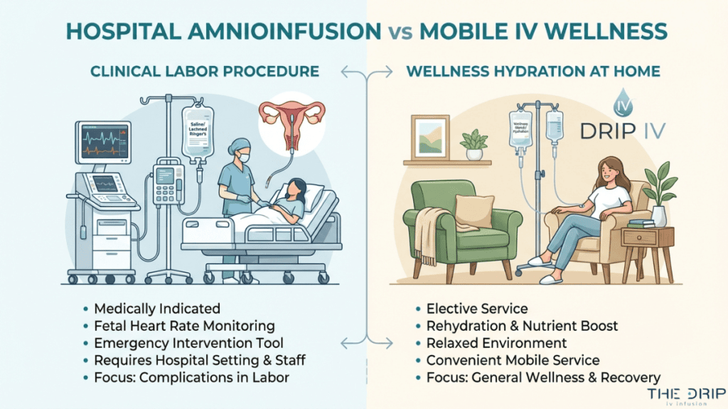 Comparison of hospital amnioinfusion during labor and mobile IV therapy at home showing medical monitoring versus wellness hydration setup