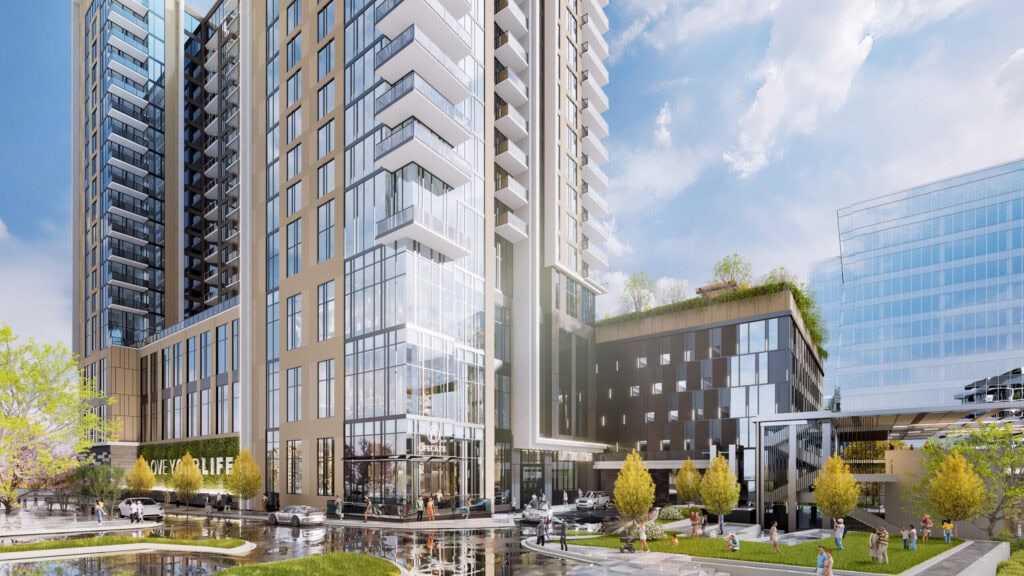 Exterior of Life Time Living, a wellness-based apartment community at The Exchange Raleigh Rendering
