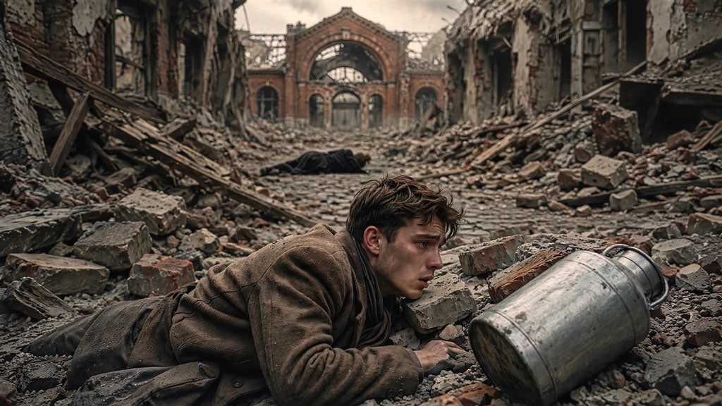 Young man carrying water through the ruins of wartime Berlin