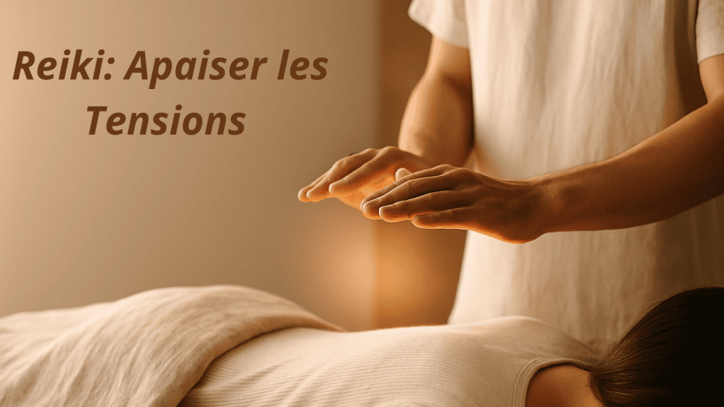 Illustration Reiki : mains au-dessus du dos, tons lin/bois, style minimal, large espace pour titre.