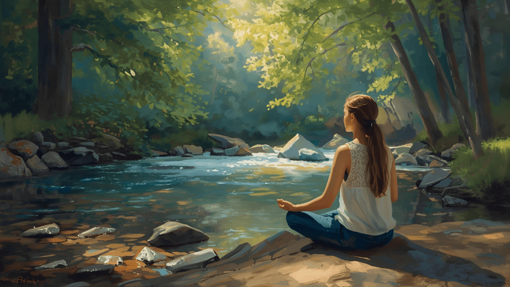 jeune femme qui médite sur le bord d'une rivière