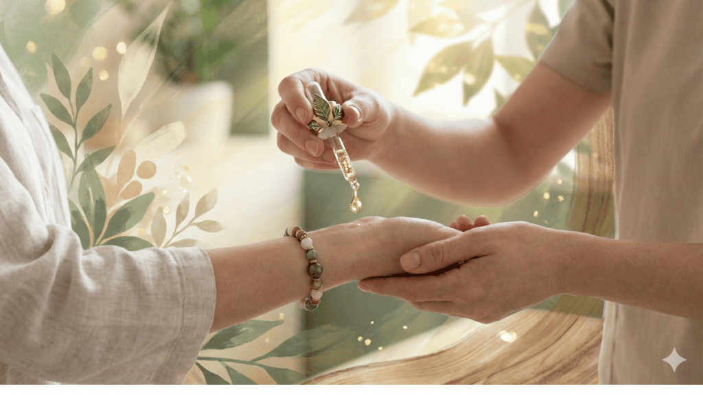 Application d'huile essentielle sur les poignets pour calmer le stress en consultation.