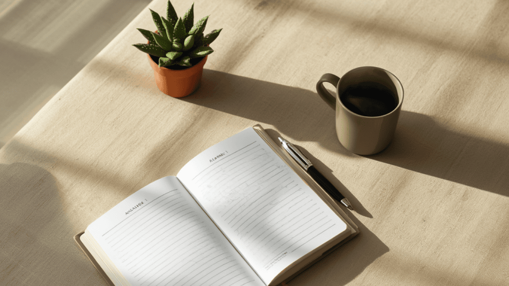 Carnet de rendez-vous, stylo et plante verte sur un bureau, symbolisant la décision d'augmenter ses tarifs pour un thérapeute ayant peur de repousser ses clients