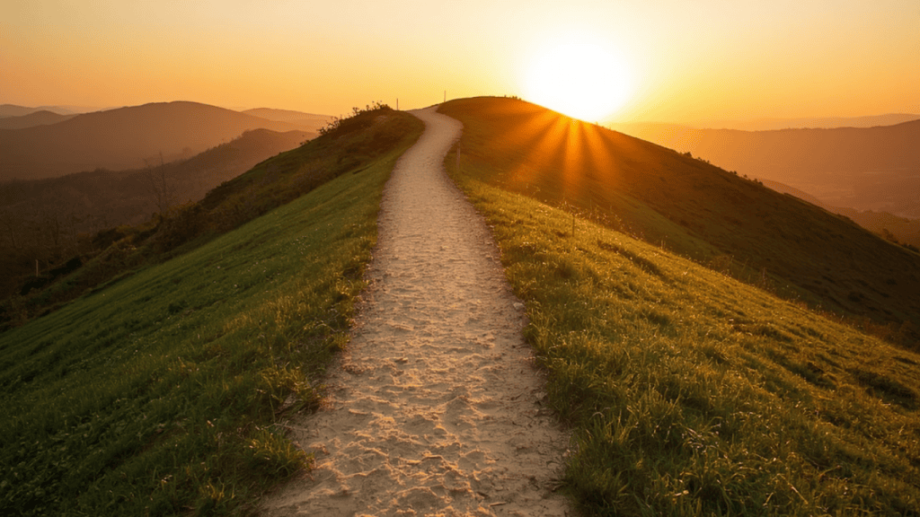 Sentier en pente douce montant vers la lumière