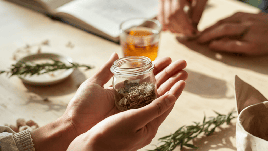 Atelier naturopathe : herbes, tisane et support de cours disposés pour préparer un atelier de groupe