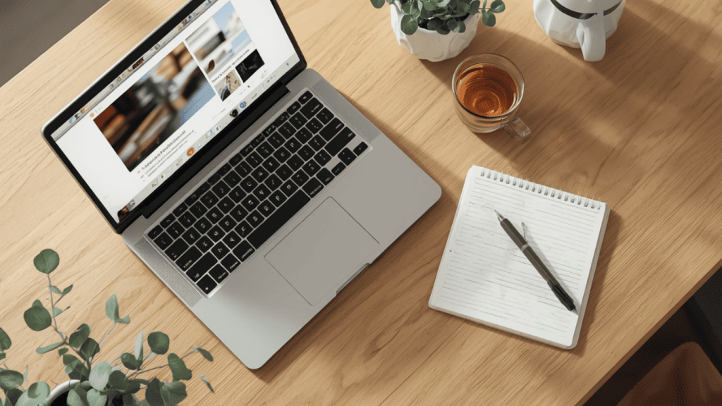 Facebook pour thérapeute : bureau lumineux avec ordinateur portable et plante verte, gestion de la présence en ligne