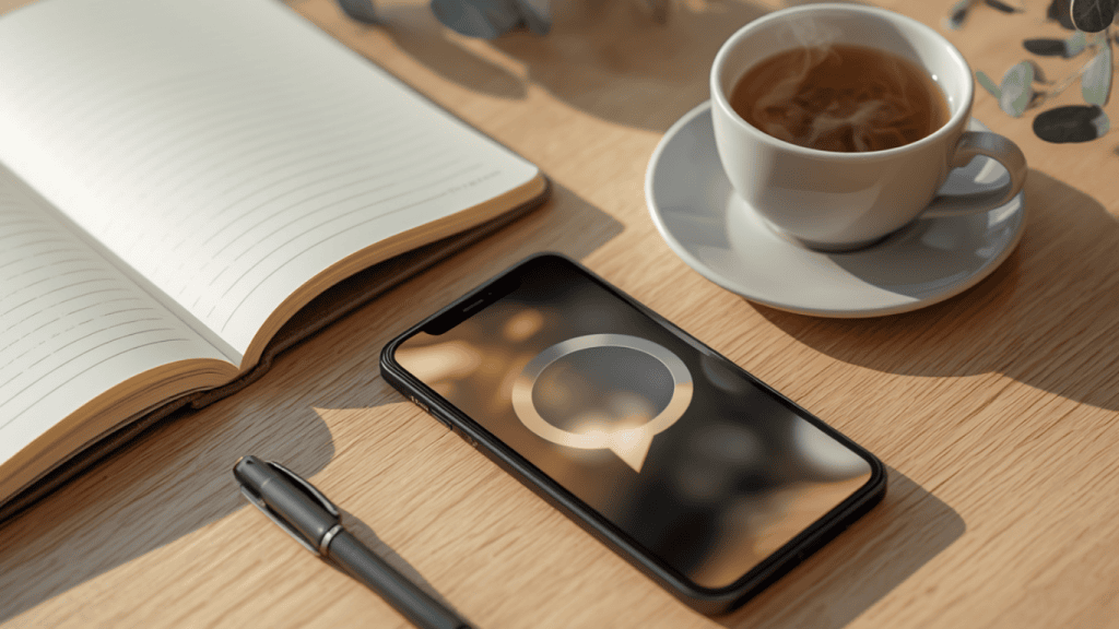 Smartphone posé sur un bureau en bois avec carnet et plante verte, évoquant la recherche d'un thérapeute via une intelligence artificielle