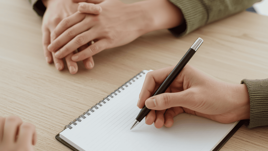 Détail de mains lors d'une consultation, illustrant l'art de présenter son activité de thérapeute avec clarté et écoute.