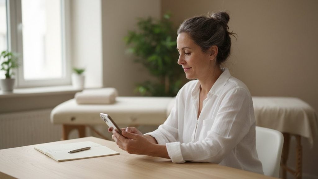 Une praticienne du bien-être vérifie sur son téléphone si sa page web apparaît sur Google