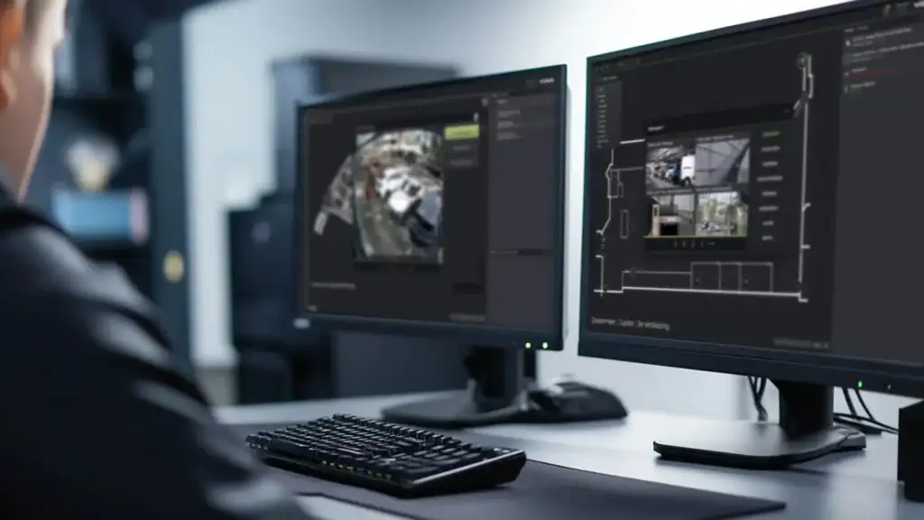 Operator monitoring FLINQ security management systems on multiple computer screens in a control room