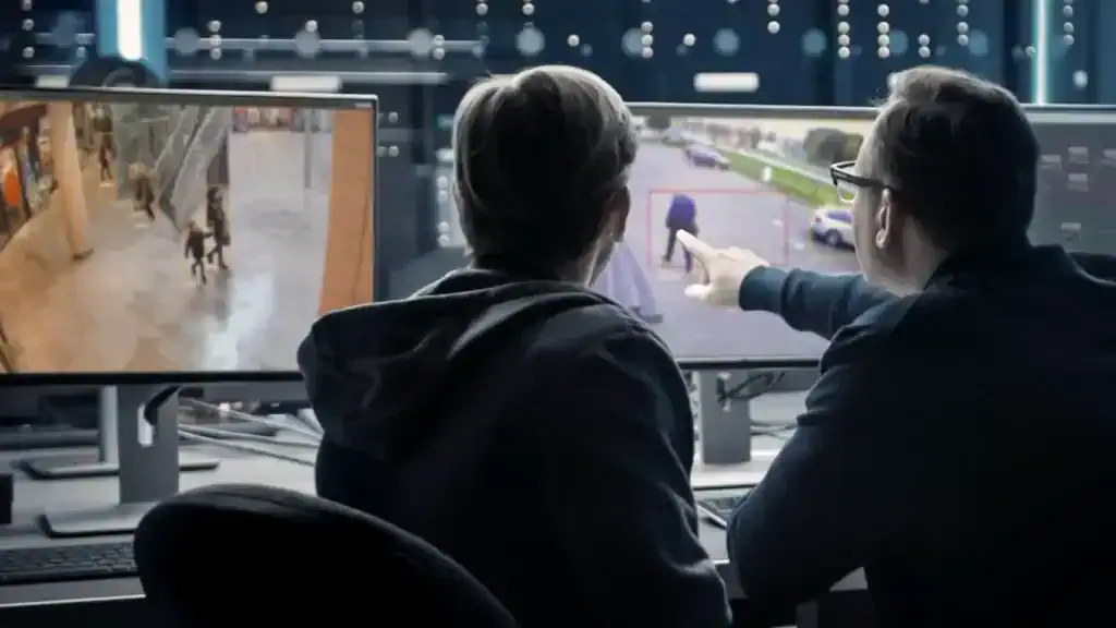 Operators reviewing video footage from VDG SENSE Video Management System together on multiple screens in a control room