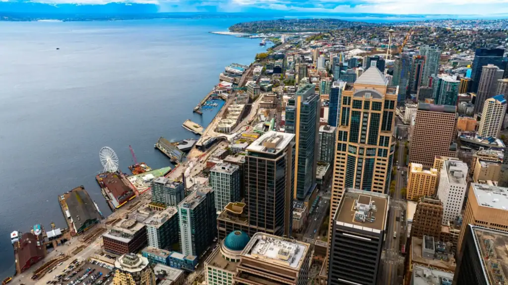 Seattle city skyline with downtown streets and urban infrastructure