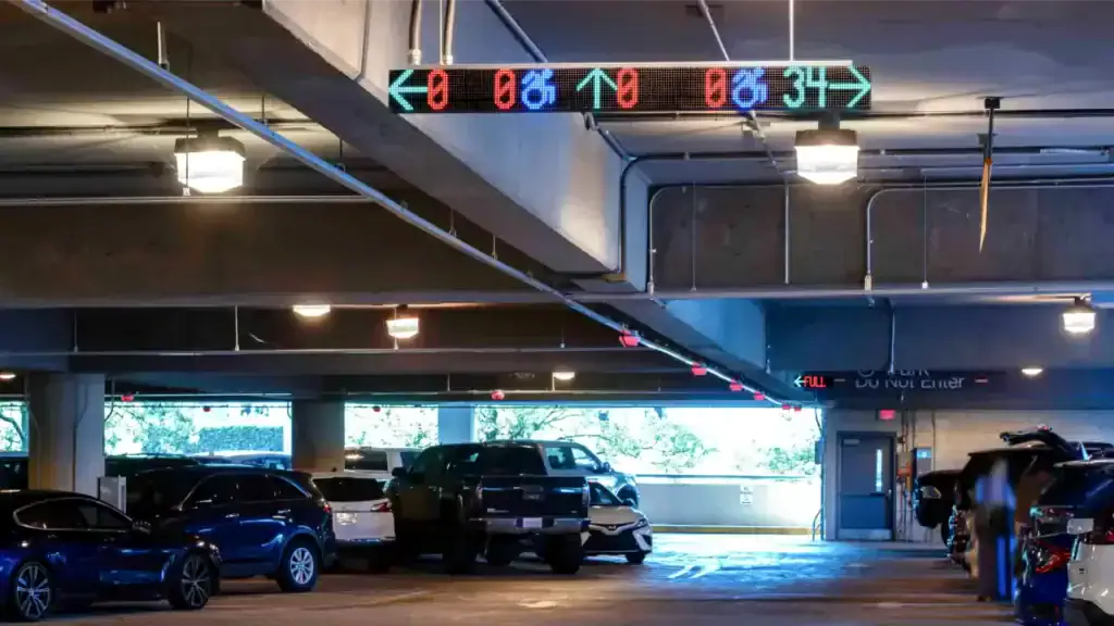 Parking garage with M5 sensors and a VMS sign showing availability including ADA and directional counts
