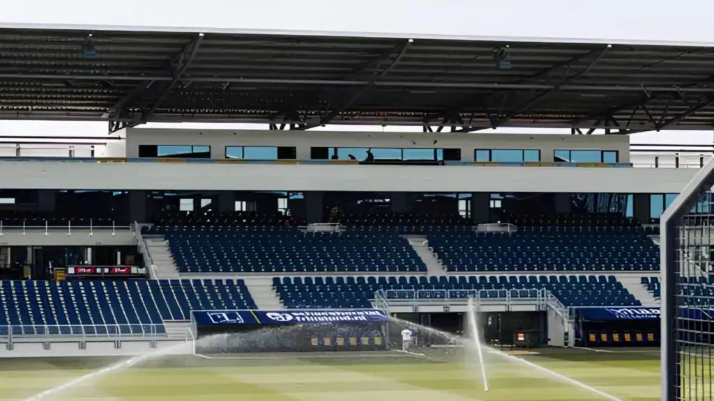 SC Cambuur Kooi Stadion pitch and stands during maintenance in a modern football stadium
