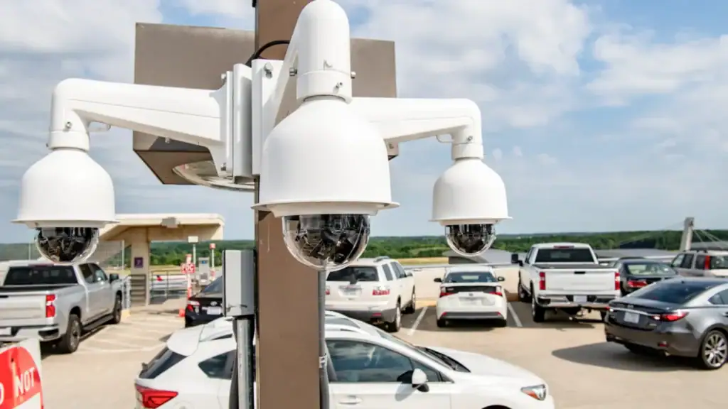 An S2 outdoor sensing solution overseeing a rooftop parking lot with all spaces full and two cars driving by