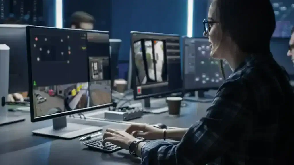 Person working at a computer with multiple screens displaying different systems and applications