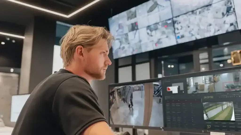 Security operator monitoring multiple surveillance screens using VDG SENSE video management system