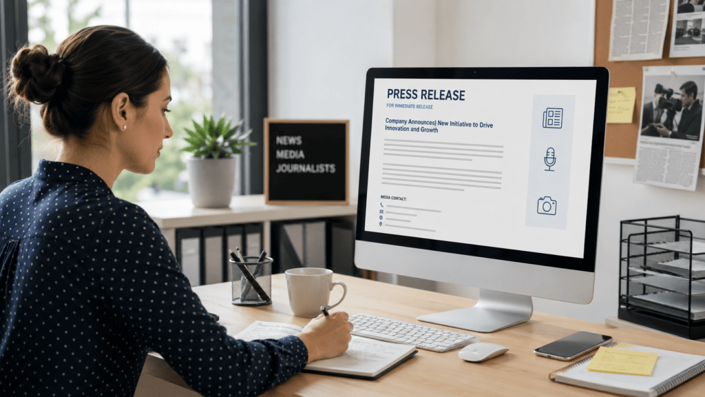 Professionnelle rédigeant un communiqué de presse destiné aux journalistes