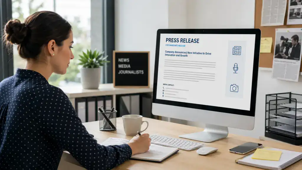Rédaction d’un communiqué de presse professionnel Professionnelle rédigeant un communiqué de presse structuré pour des journalistes