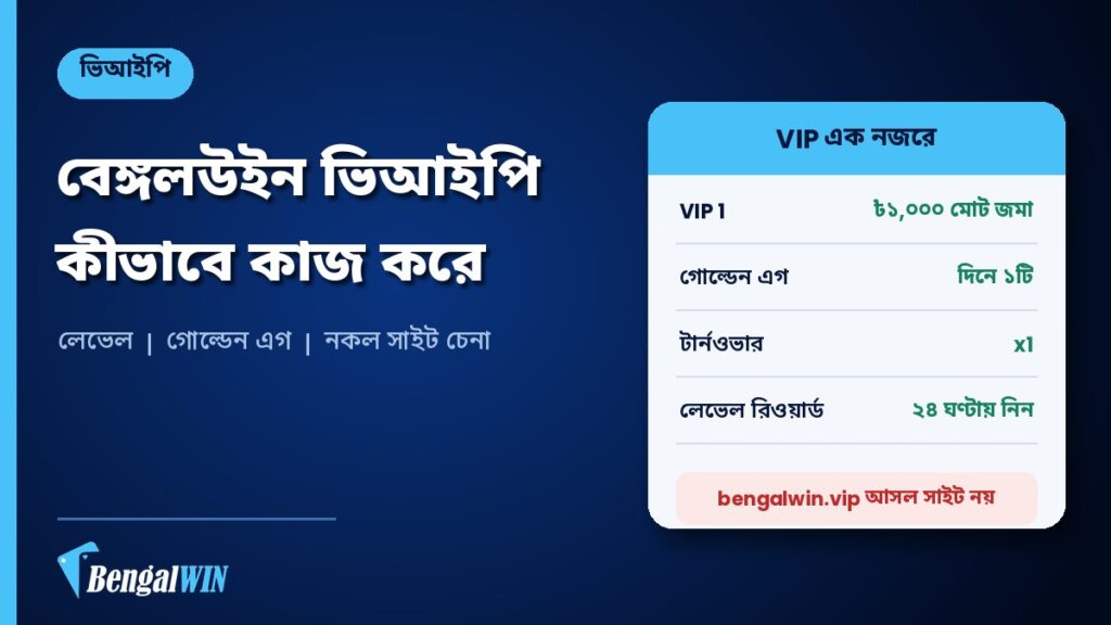 বেঙ্গলউইন ভিআইপি: লেভেল কীভাবে বাড়ে, গোল্ডেন এগ আর bengalwin.vip নিয়ে সতর্কতা 2 বেঙ্গলউইন ভিআইপি গাইড: VIP 1-এর জন্য ৳১,০০০ জমা, প্রতিদিন একটি গোল্ডেন এগ, রিওয়ার্ড ২৪ ঘণ্টার মধ্যে নিতে হয়