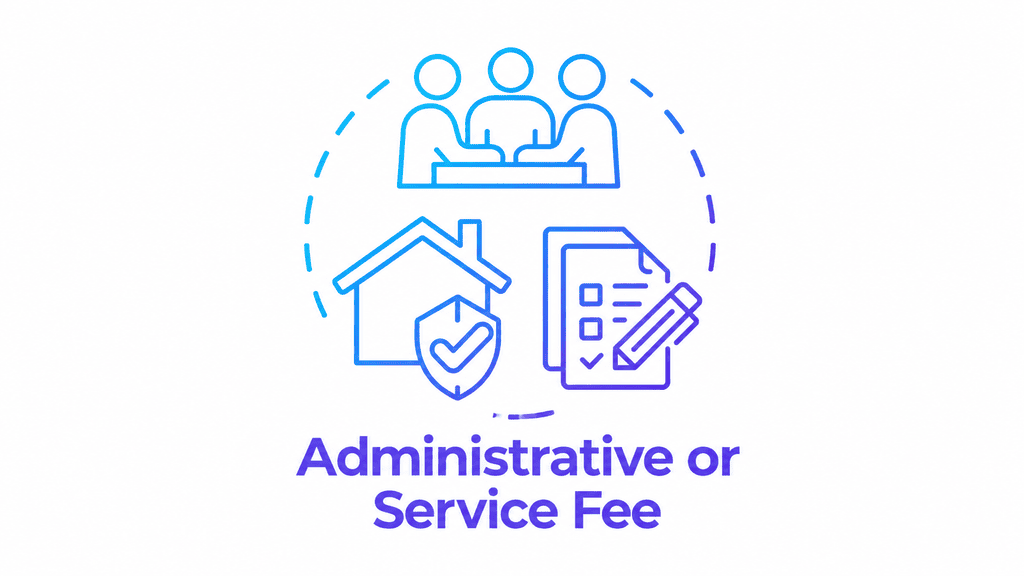 Illustration representing an administrative or service fee, featuring people at a desk, a secured house, and a document with a checklist and pencil.