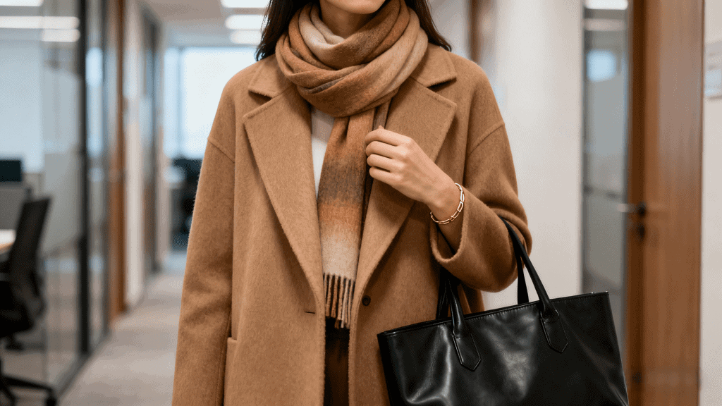 Cashmere scarf and leather tote bag as warm elegant accessories for women's winter office wear