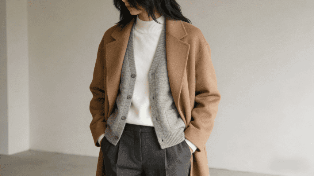 Cozy layered winter look: Camel wool overcoat, grey cashmere cardigan, white turtleneck sweater, and charcoal tailored trousers – neutral-toned minimalist ensemble