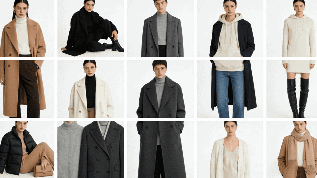 Curated minimalist winter capsule wardrobe collection: Neutral-toned coats, knits, and basics in camel, black, grey, and cream – versatile everyday winter outfits