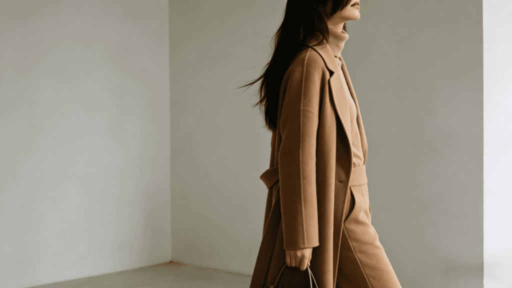 Polished minimalist winter ensemble: Camel wool overcoat, matching turtleneck sweater, tailored camel trousers, and structured leather handbag – cohesive neutral-toned look